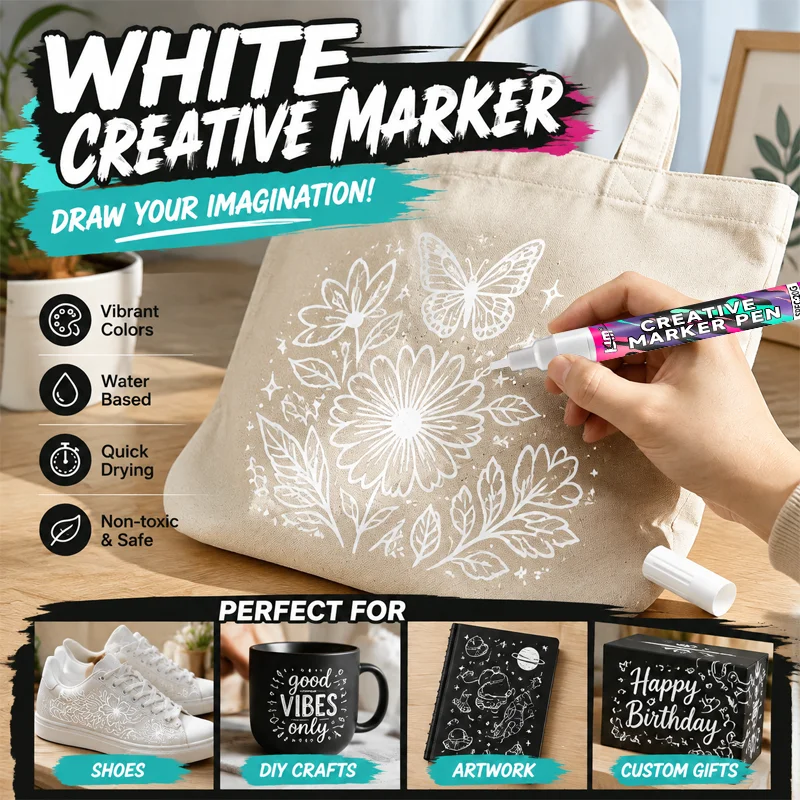 White Paint Marker Pen 20G Water Based Quick Dry Drawing Pen For Fabric Shoes Canvas DIY Art And Dark Surface Customizing