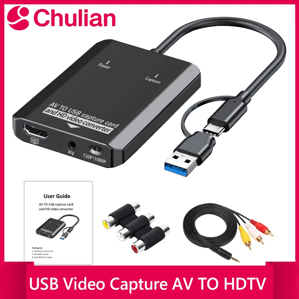 Tarjeta Capturadora de Video USB 2.0, Convertidor de AV a HDTV Analógico VHS, Grabador de TV Digital y DVD, Compatible con Windows, Mac y Linux para Grabación de Video