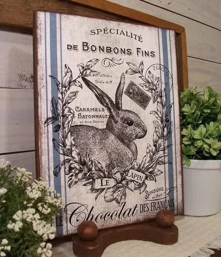 French Script Feed Sack with Rabbit Metal Plaque Wall Decor Tin Sign for Office Home Cafe Bar Garden Decor Easter Gift 8x12 Inch