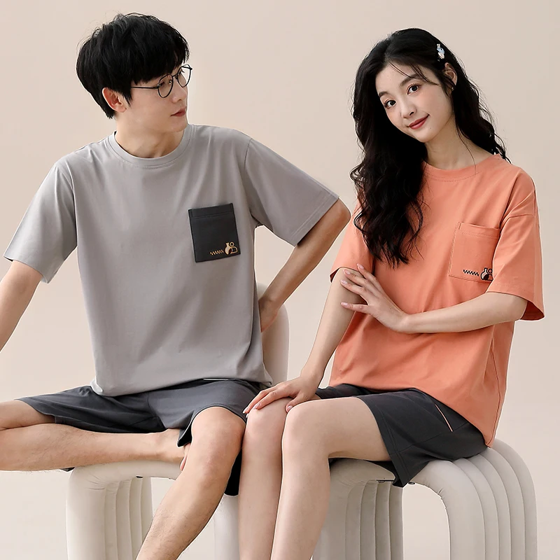 Newest Couple Pajama Set Summer Short Sleeve Pyjamas 100% Cotton Men and Women Solid Casual Sleepwear