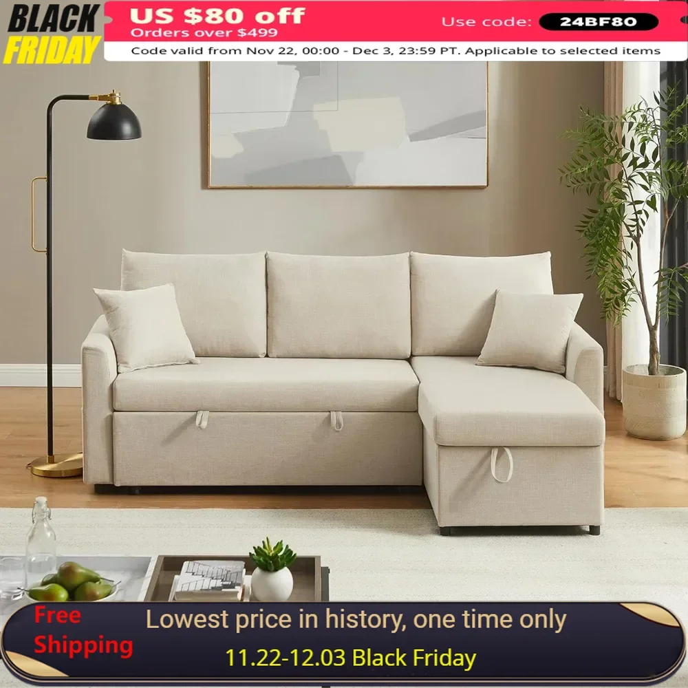 

Convertible Sofa Bed with Dual USB-C Charging Reversible Chaise with Storage & Pockets Removable & Washable Sectional Couch