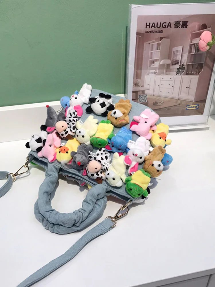 Women Kawaii Bucket Totes Fashion Crossbody Bags Cartoon Decoration Denim Handbags Casual Fashion Ladies Single Shoulder Bags