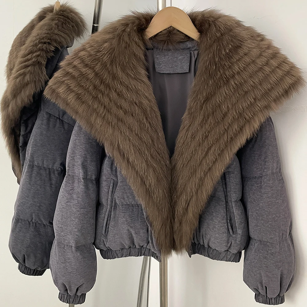 Women Cropped Puffer Jacket with Big Faux Fur Collar Extra Warm Winter Padded Coat Casual Street Style Outerwear for Women