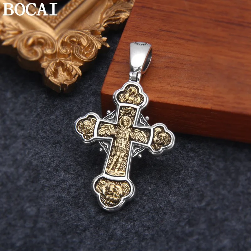 BOCAI New S925 Sterling Silver Jewelry Wholesale Retro Personality Michael Angel Cross Pendant Men's Selected Gift