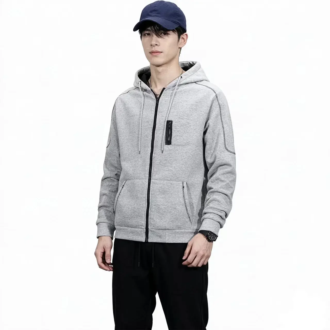 Men's Full Zip Up Hoodie Multi Pocket Sweatshirt  Casual Streetwear Sports Long Sleeve Hooded Jacket Outdoor Tops