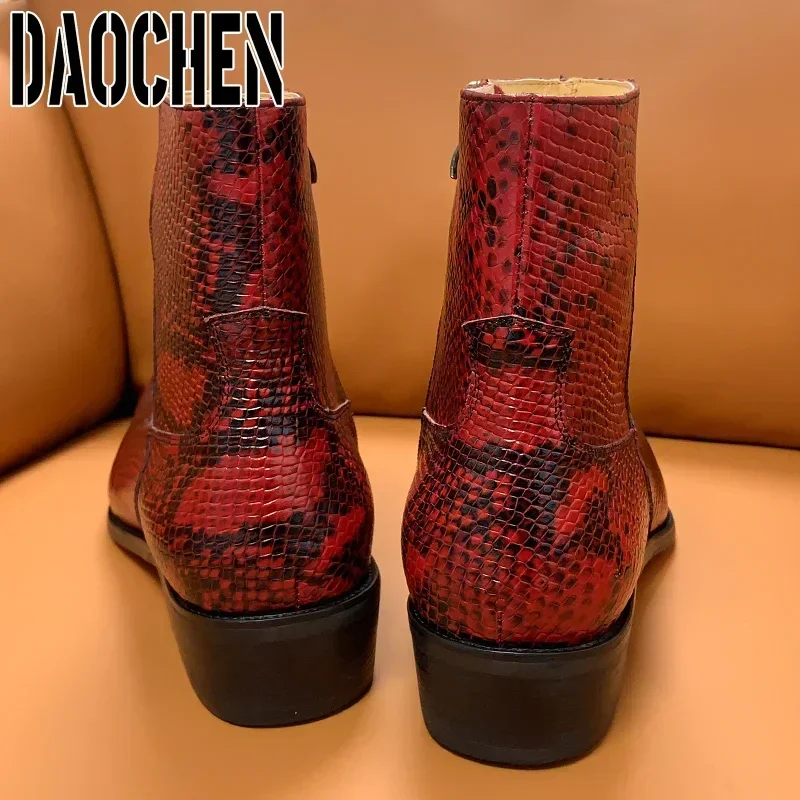 Luxury Brand Men\'s Boots High Zipper Mid-Calf Boots Slip On Python Casual Shoes Red White Basic Boots Leather Shoes Men