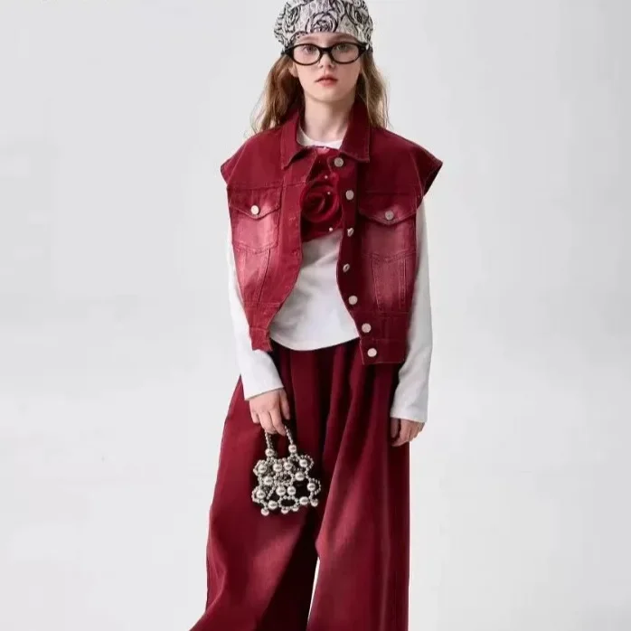 Girls Set 2026 Spring And Autumn Childrens Wear Girl Baby Retro Red Vest Three-dimensional Flower Wide-leg Pants Three-piece Set