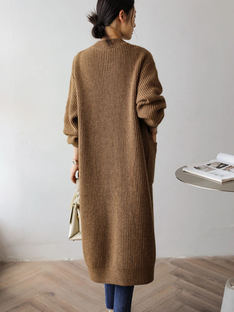 Winter Fall Long Knitted Cardigan Single Breasted V-neck Malhas Coat Solid Color Soft Sweater Abrigos Loose Warm Tops Jackets