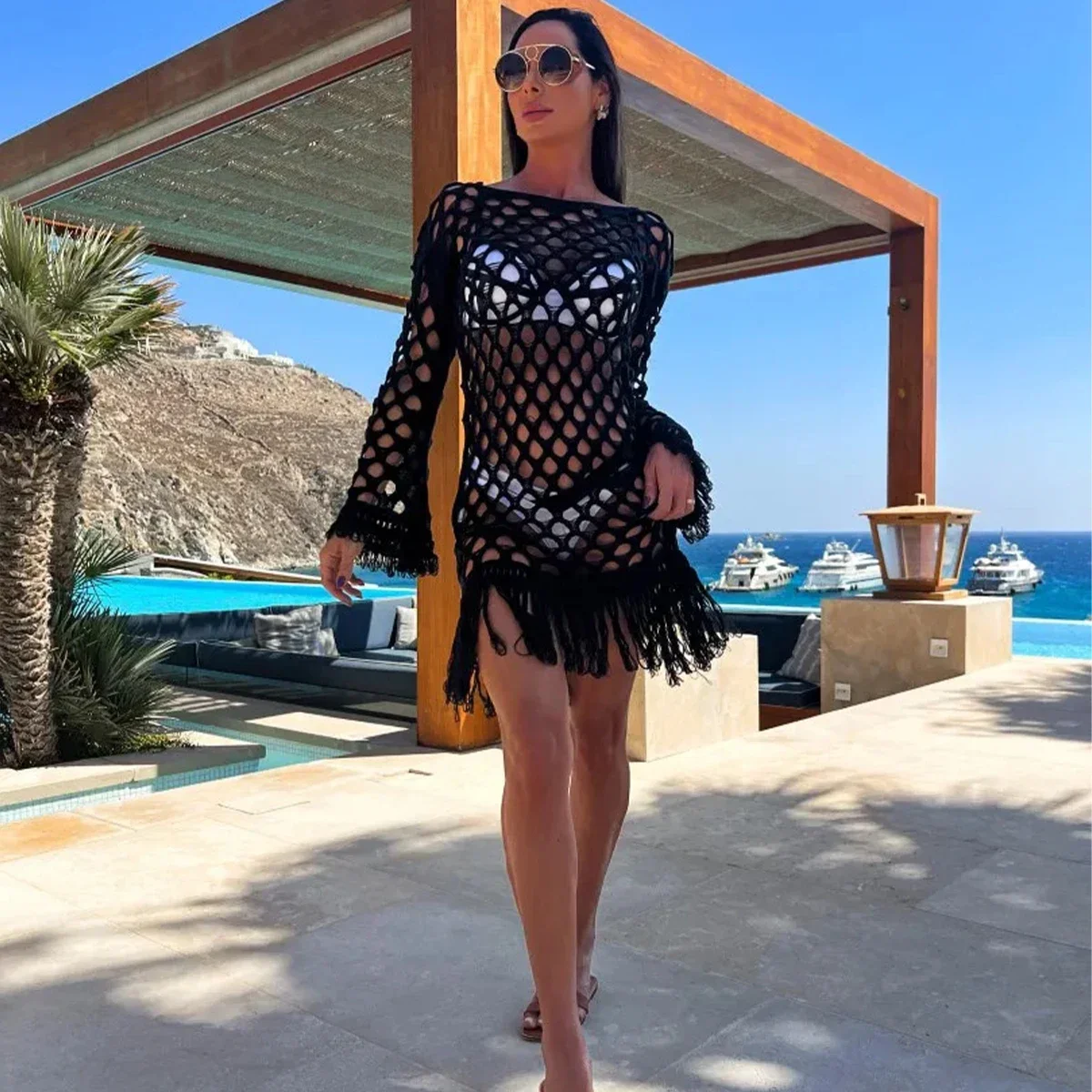 2025 جديد الشاطئ التستر بيكيني الكروشيه محبوك شرابة التعادل بحر الصيف ملابس السباحة التستر مثير انظر من خلال فستان الشاطئ