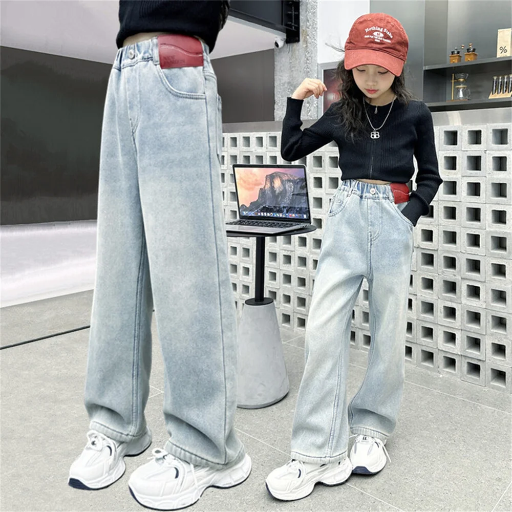 

Женские широкие брюки для студентов, голубые модные джинсы для девочек, детские джинсы, Детские повседневные брюки 929