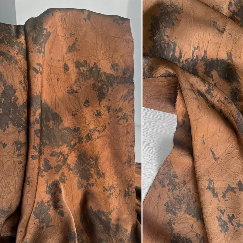 Brown Coffee Color Splashed Ink Wrinkled Texture Fabric Chinese Style Retro Tie Dye DIY Bag Jacket Clothing Designer Fabric