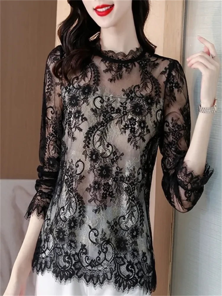 Black Tshirt Ladies Blouse Spring Autumn Interior Long Sleeve Trendy  Lace Mesh Slightly Transparent Top Sexy Base Tee