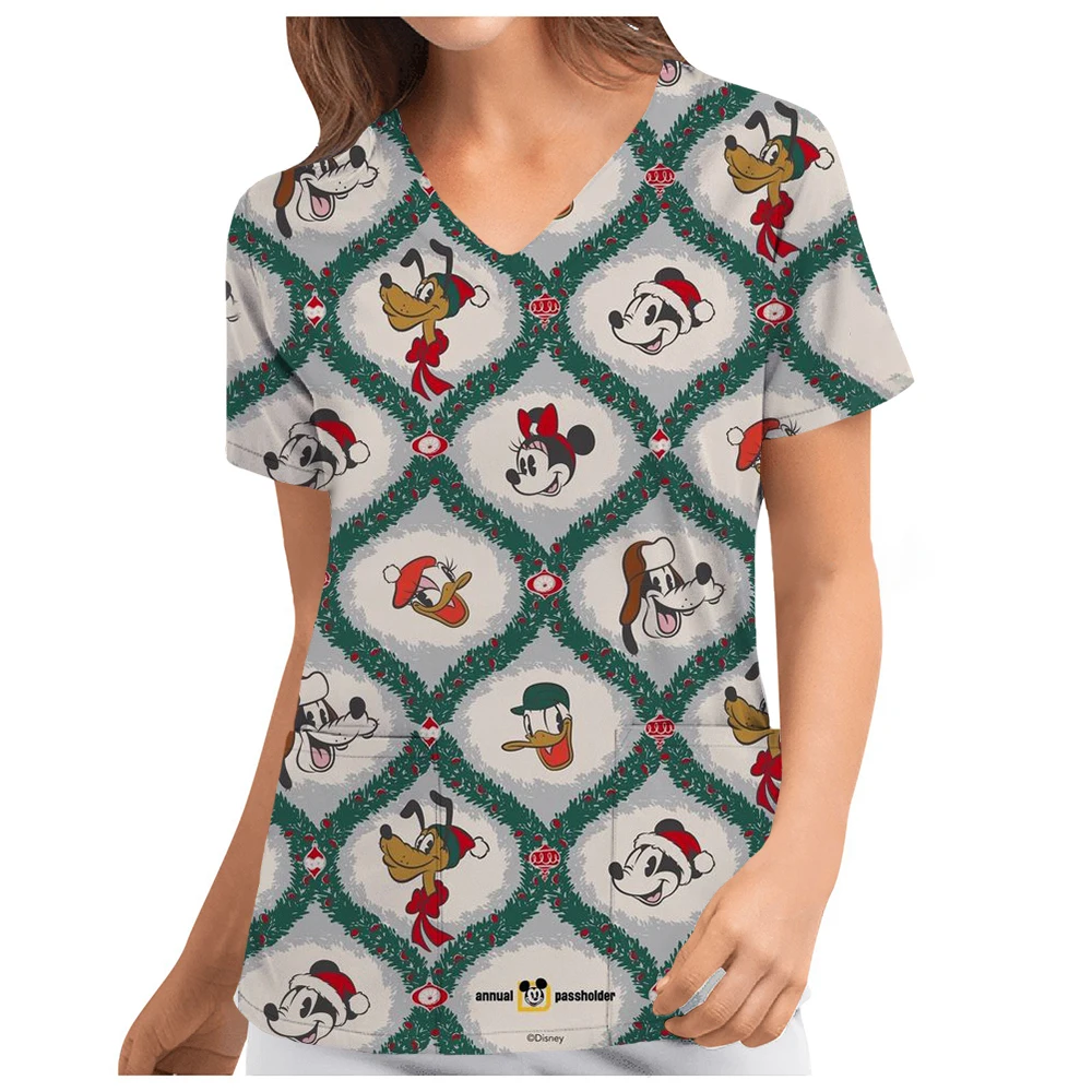 Disney Minnie Mickey Mouse print Scrubs Top Women Pockets V-Neck Scrub Uniforms Pet Grooming Nurse Spa Caring Shirt