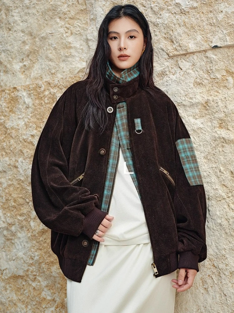 

Vintage Genuine Leather Suede Jackets for Womer High-end Simple Stand Collar Patchwork Plaid Design Loose Real Cow Leather Coat