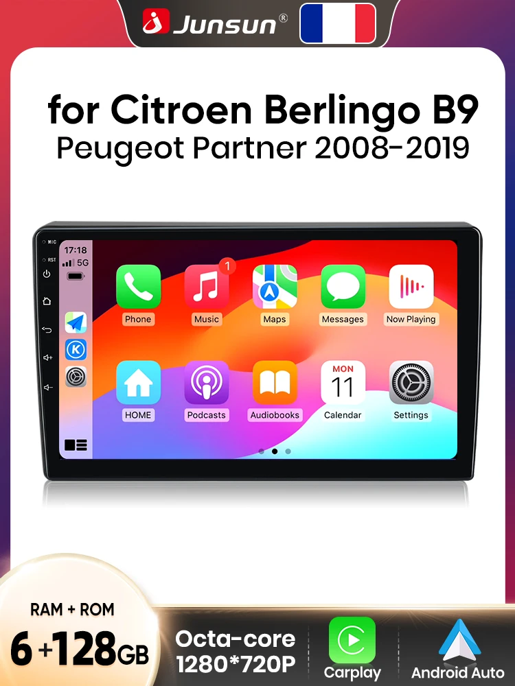 Junsun Android Draadloze CarPlay Auto Autoradio Voor Citroen Berlingo B9 Peugeot Partner 2008-2019 Auto Intelligente Systemen Auto Multimedia Speler DSP SWC RDS GPS FM BT - afbeelding 2