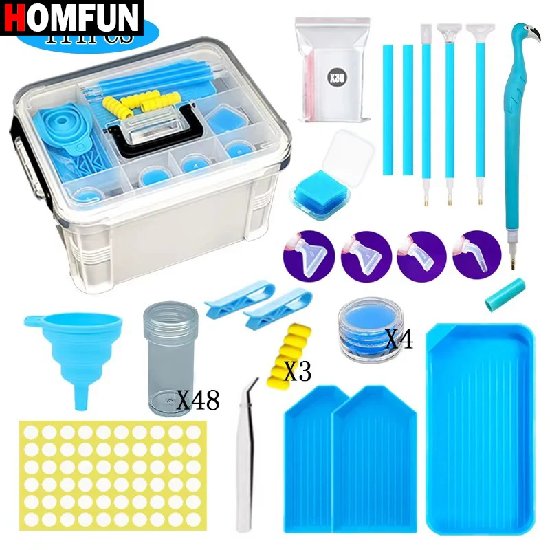 HOMFUN With Plastic Storage Box, Trays, Bottles, Tweezers, Pens, Wax, Funnel Accessories，111-Piece Diamond Painting Tools Kit