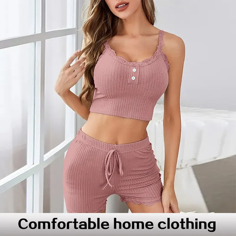 

2pcs Female Sexy Lace Sling V-neck Sleepwear New Woman Homewear Sleeveless Cami Top Shorts Pajamas