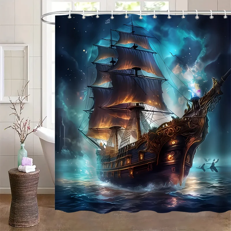 1pc Nautical Pirate Ship Shower Curtain, 182.88x182.88 Cm, Waterproof Polyester Fabric With 12 Hooks, Machine Washable, Bathroom