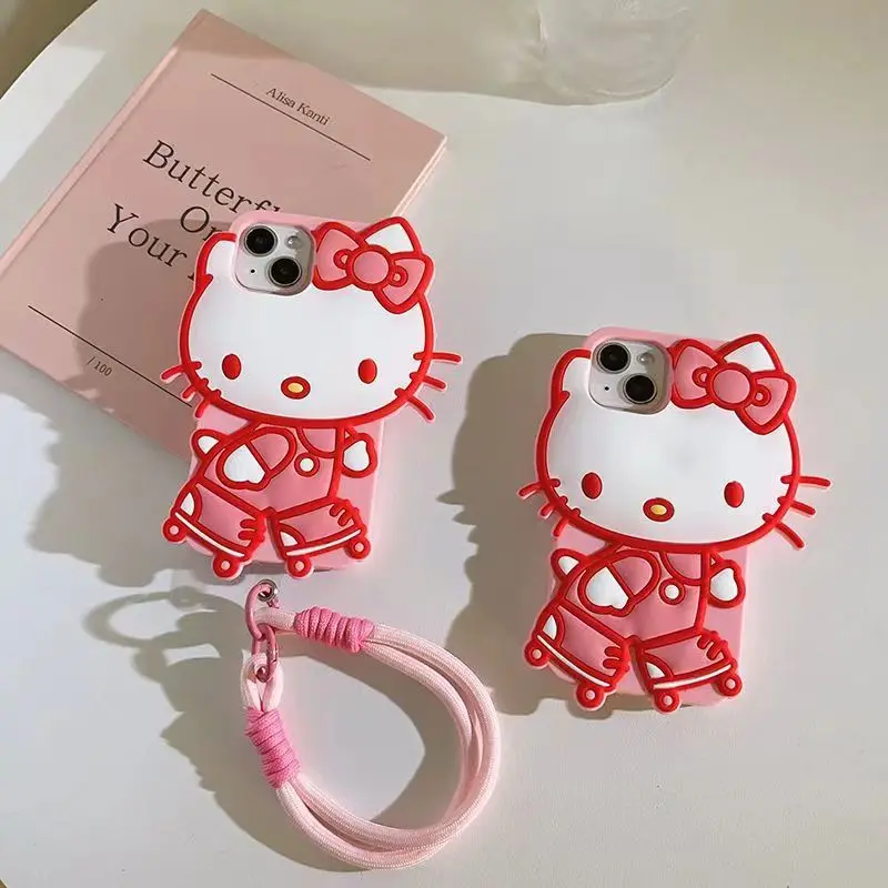 

Hello Kitty Skating Shape Silicone With Lanyard Sanrio Anime Cute Silicone soft Case Anti-drop For iPhone 16 15 13 14 12 Pro Max