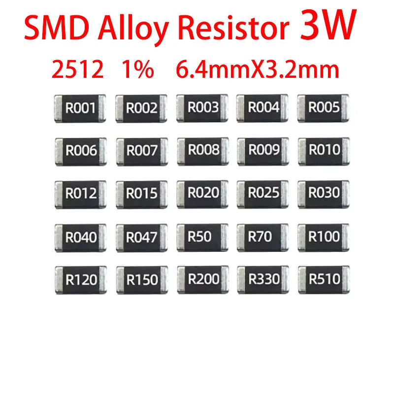 Резистор 2512 SMD 3 Вт 1% R001 R002 R003 R004 R008 R009 R010 R012 R015 R020 R025 R060 R070 R100 R120 R150 R200 R250, 20 шт.