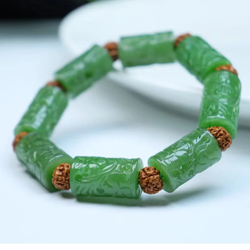 

Hetian Jade Spinach Green Lucky Charm Unisex Couple Bracelet Decorative Pattern Beads