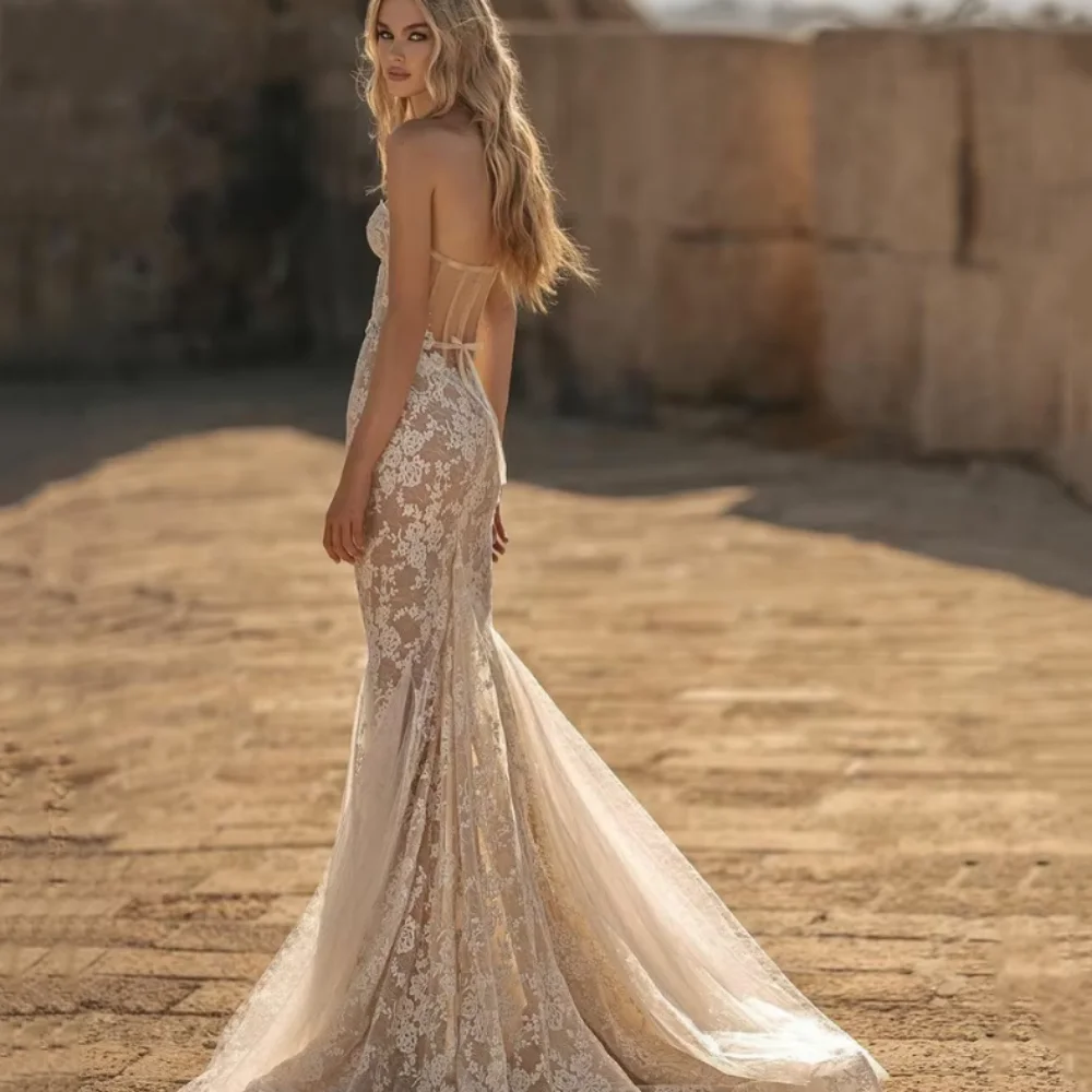 레이스 보헤미안 맞춤 웨딩드레스 머메이드 백리스 럭셔리 브라이덜 가운 스위트하트 네크라인 신부 가운 일루젼 웨딩드레스