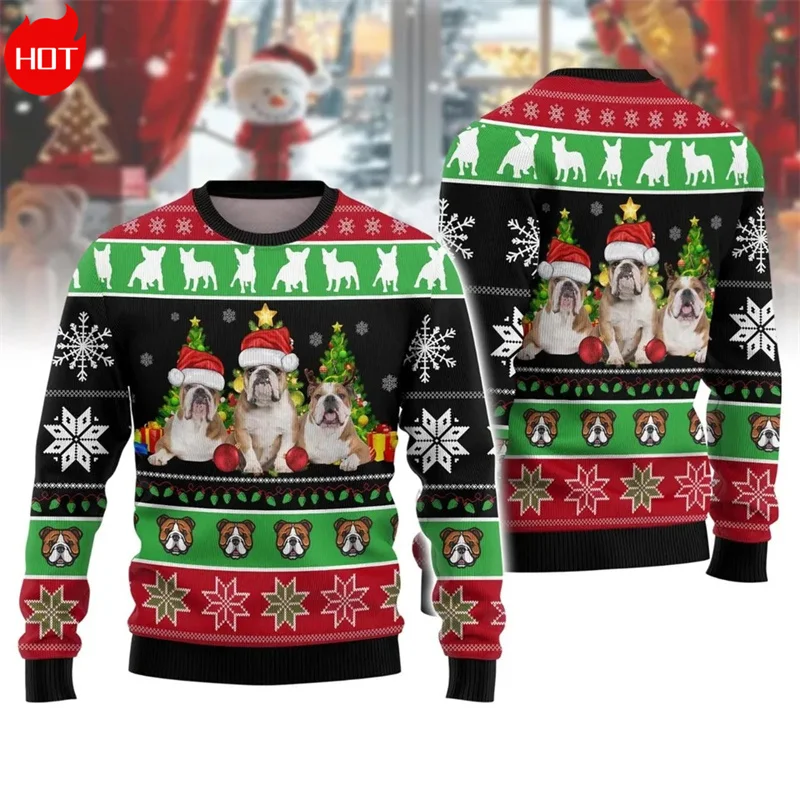 3D Cute Bull Dogs Merry Christmas Printed Sweatshirts Christmas Trees Graphic Ugly Christmas Sweater Funny Streetwear Clothing