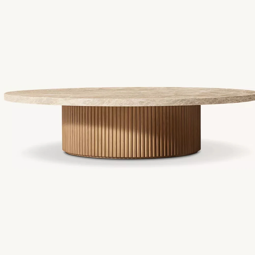 

Midcentury Modern Living Room Furniture Round Cafe Table Marble Top Coffee Table with Wood Pedestal Base
