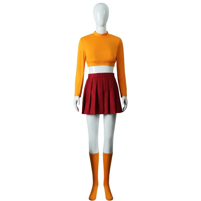 Anime velma uniforme cosplay traje laranja saia curta uniforme feminino laranja vestidos meias festa de halloween carnaval conjunto