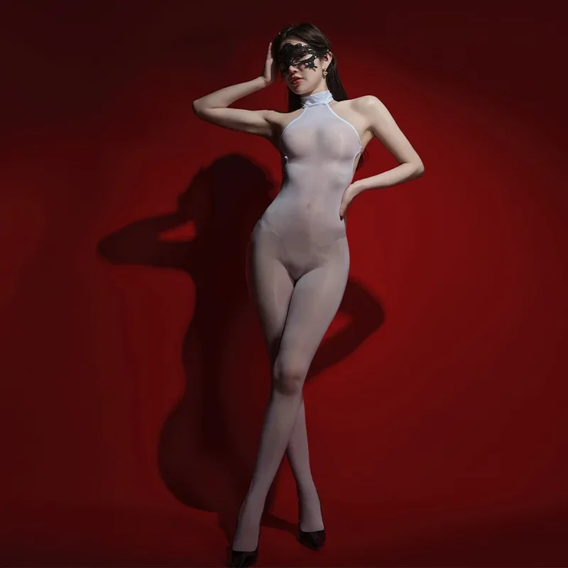 Oil Shiny Glossy Smooth Stockings Jumpsuits Women Backless Bodysuit Tights Wrap Pantyhose Open Crotch Underwear Erotic Lingerie