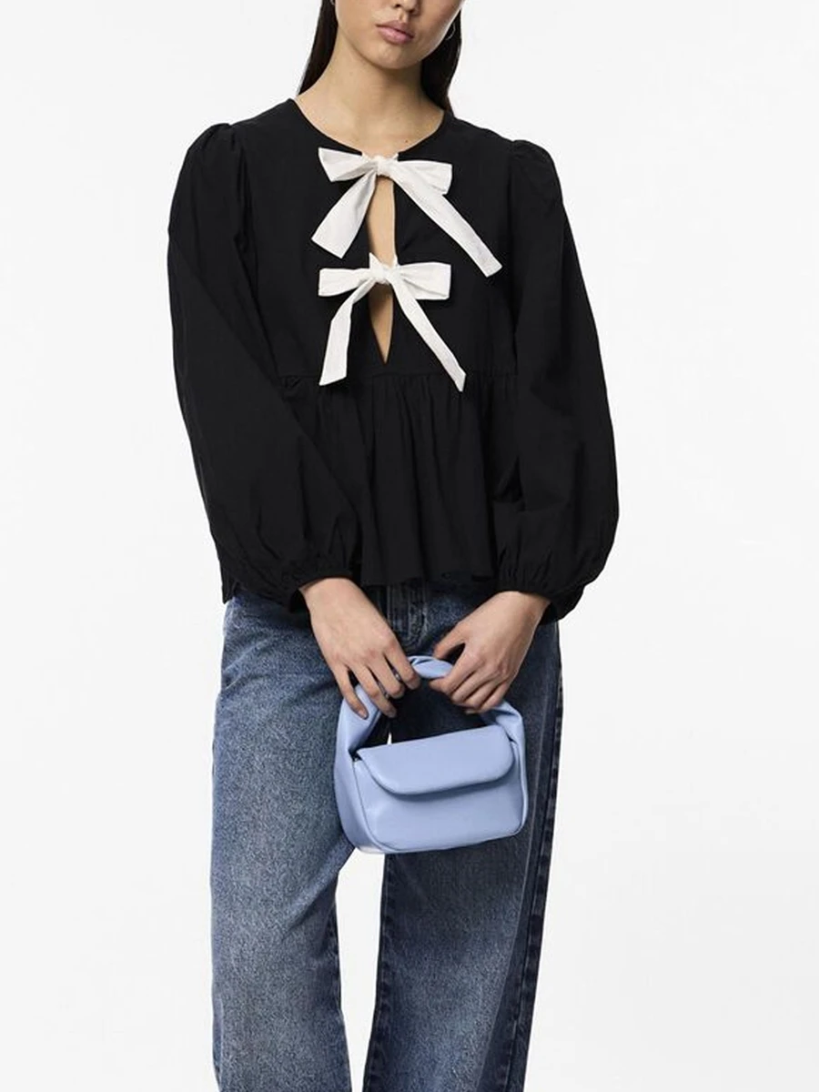 여성용 캐주얼 셔츠, 긴팔 O넥, 활 넥타이, 앞면 베이비 인형 상의, 용수철 가을