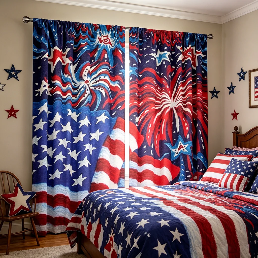 2PCS Independence Day Fireworks National Flag Pattern Printed Curtains with Rod Bag Design, Suitable for Bedroom and Living Room