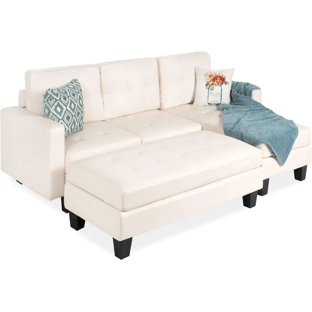 Sectional Sofa Couch Set with Chaise Lounge and Ottoman Coffee Table Tufted Faux Leather 3-Seat L-Shape Sofa