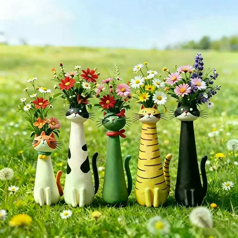 Resin Vase, Cute Long-Necked Cat Flower Arrangement Ornament Home Desktop Floral Decoration Great Gift Cat-Shaped