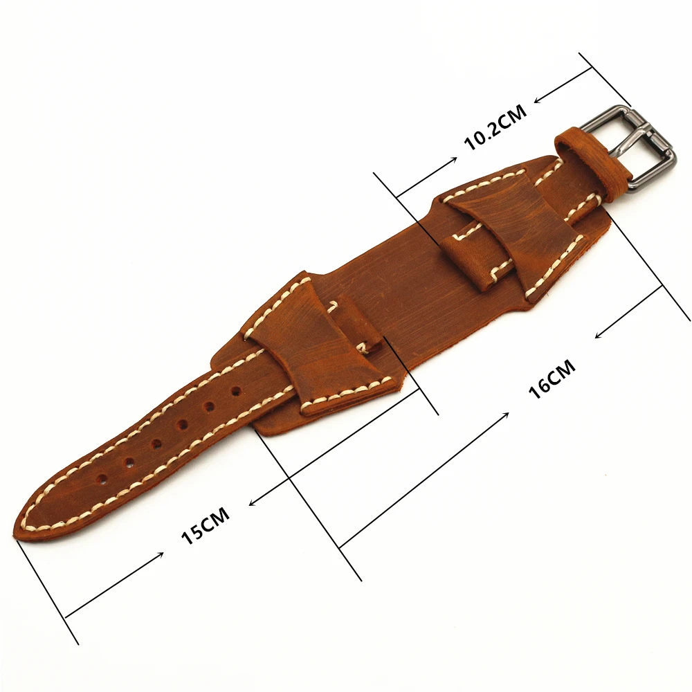 24mm Black Brown Genuine Leather WatchStrap Handmade Stitched Watchband Punk Pin Belt Men Watch Accessories