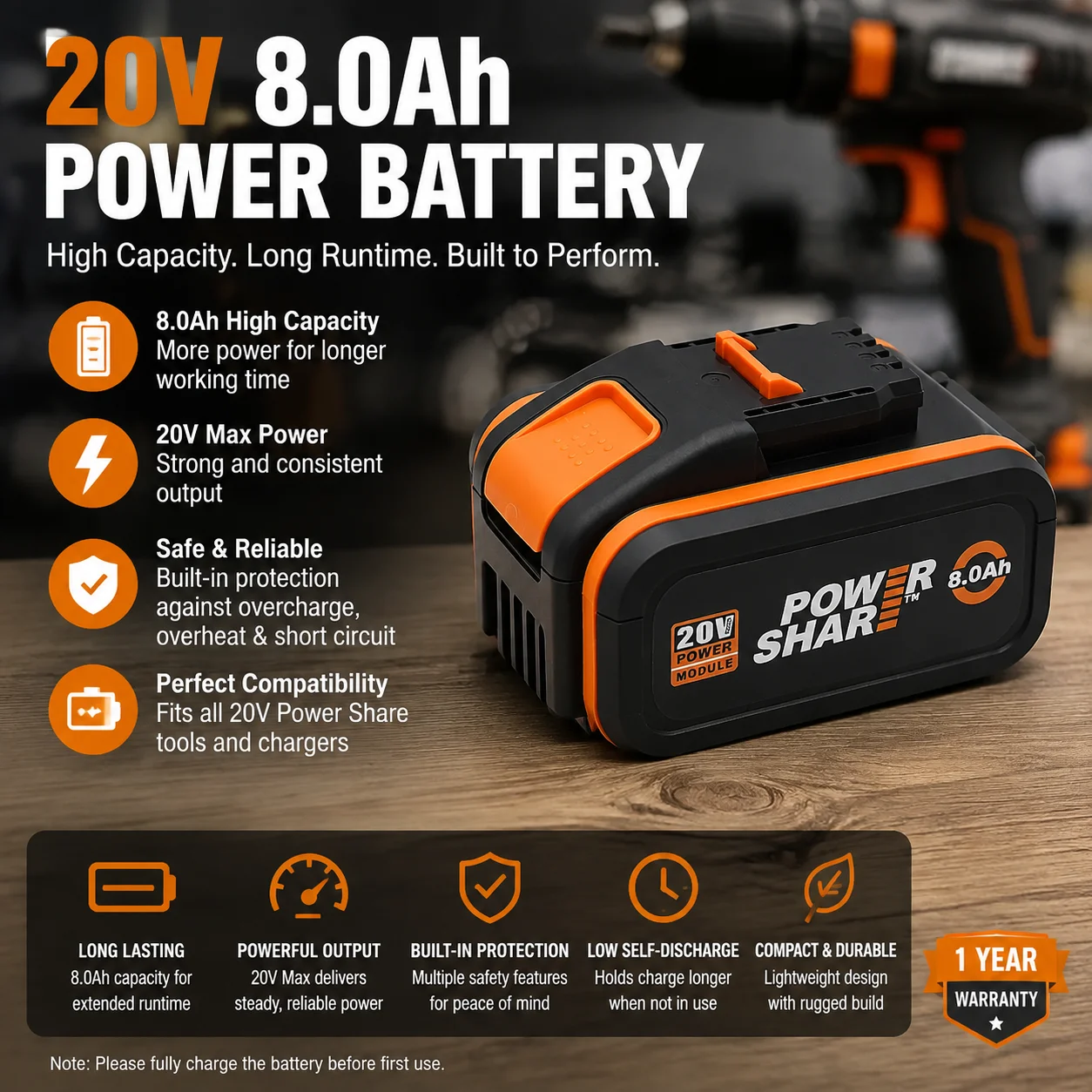 für WORX PowerShare Pro 20V 8,0Ah Lithium-Ionen-Ersatzakku, Hochleistungs-20-Volt-Akku, kompatibel mit allen WORX 20V PowerShare Akku-Elektrowerkzeugen, eingebautes Mehrfachschutzsystem