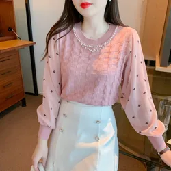 Women's Clothing Solid Color Pullover Lantern Long Sleeve Crew Neck Patchwork Casual Beaded Spring Autumn Fashionable Tops