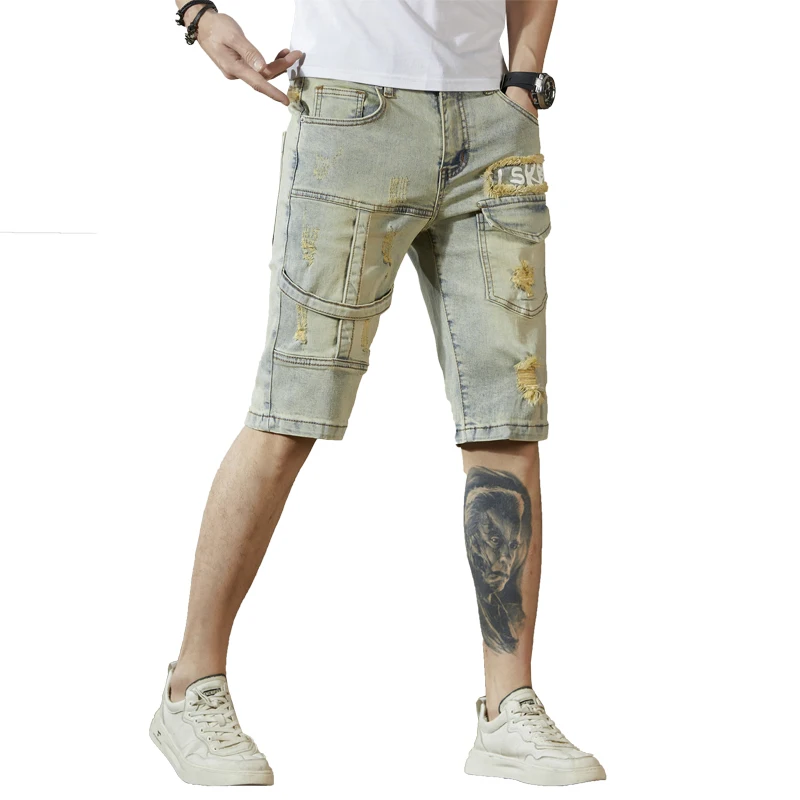 Calção jeans high-end masculina, rasgada, quinta calça, slim fit, patchwork, stretch, calça de motocicleta, marca de moda, verão, nova