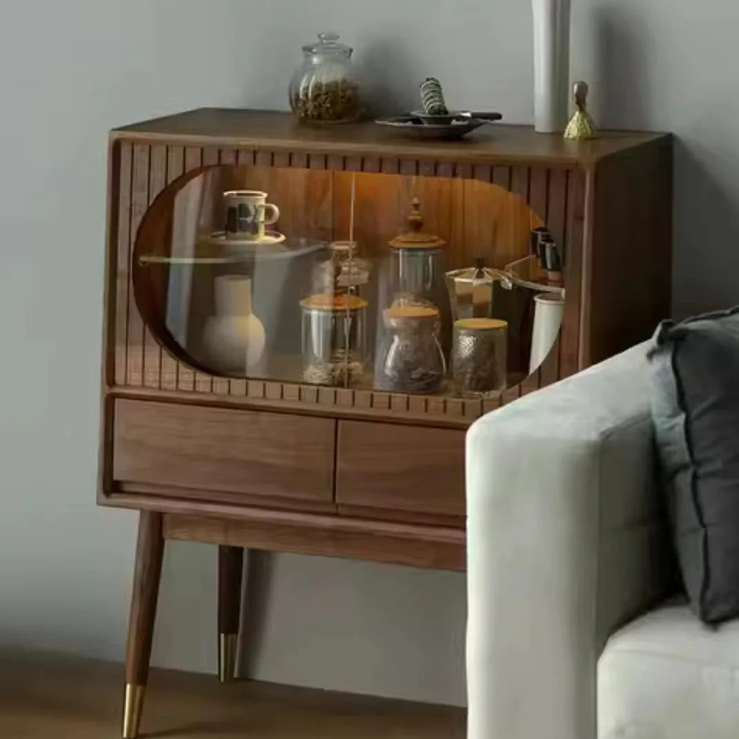 

Black walnut wine cabinet log glass display cabinet with lamp figure storage cabinet sand