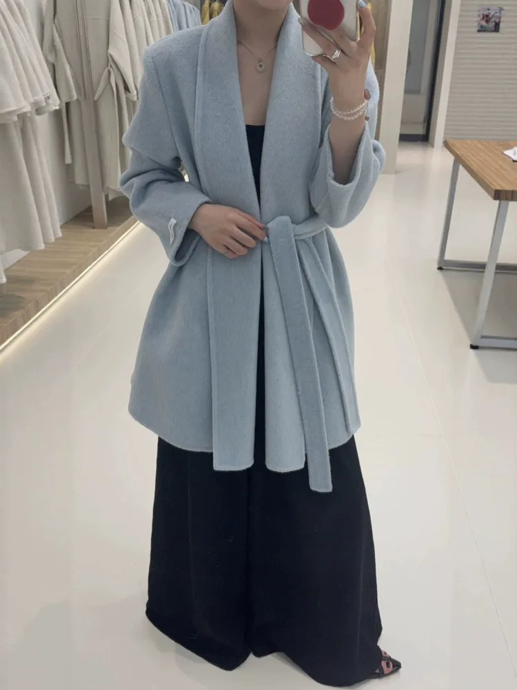 ZMEENNA グリーンショールカラーベルト付きコート女性のためのエレガントな長袖オープンフロントカーディガンジャケット冬に最適 ZM3588