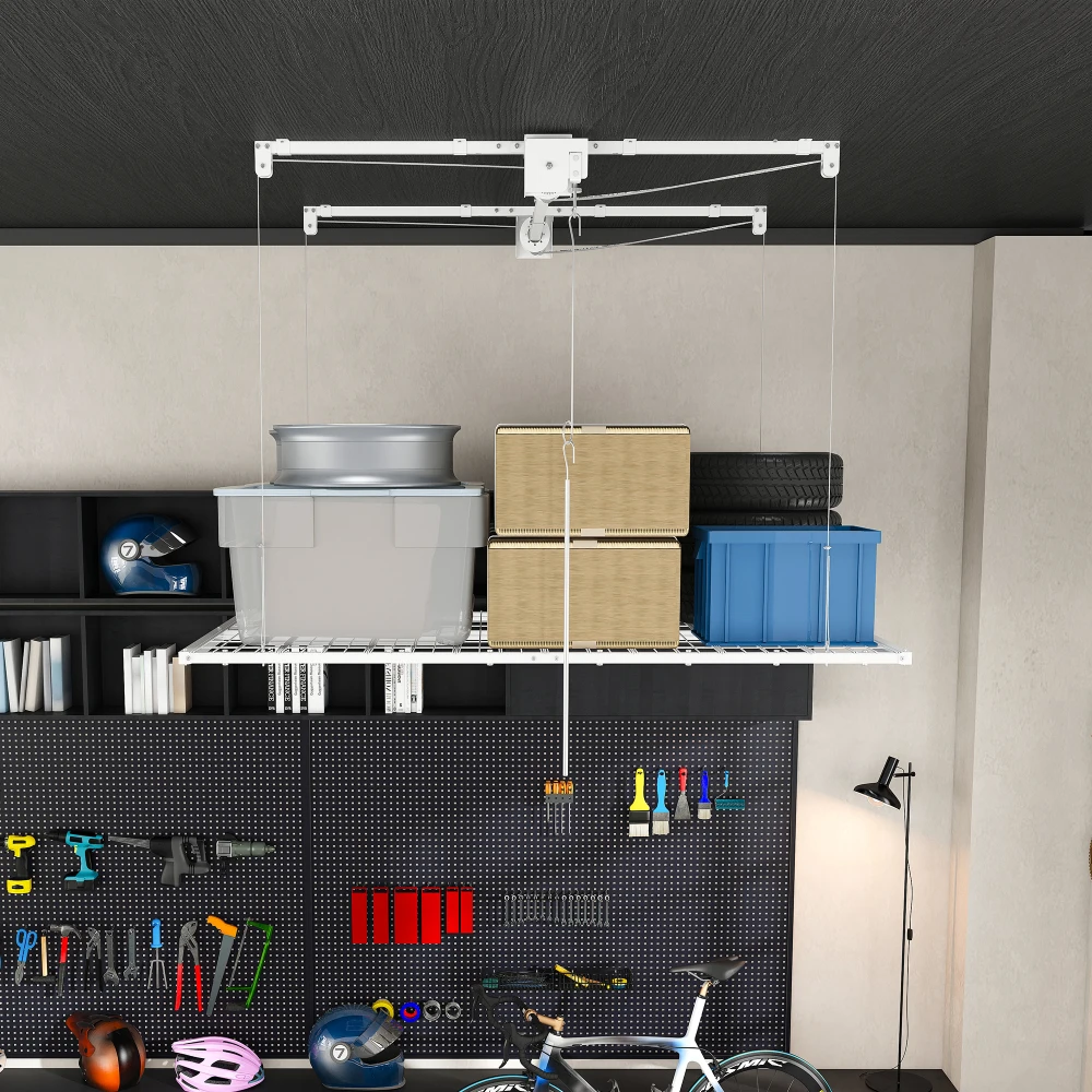 White Overhead Garage Storage Rack 4x8 FT for High Ceilings 10-12 FT, 350LBS Capacity All-Steel Construction with Safety Lock (Installation Required, Heavy-Duty Garage Organizer) view 5