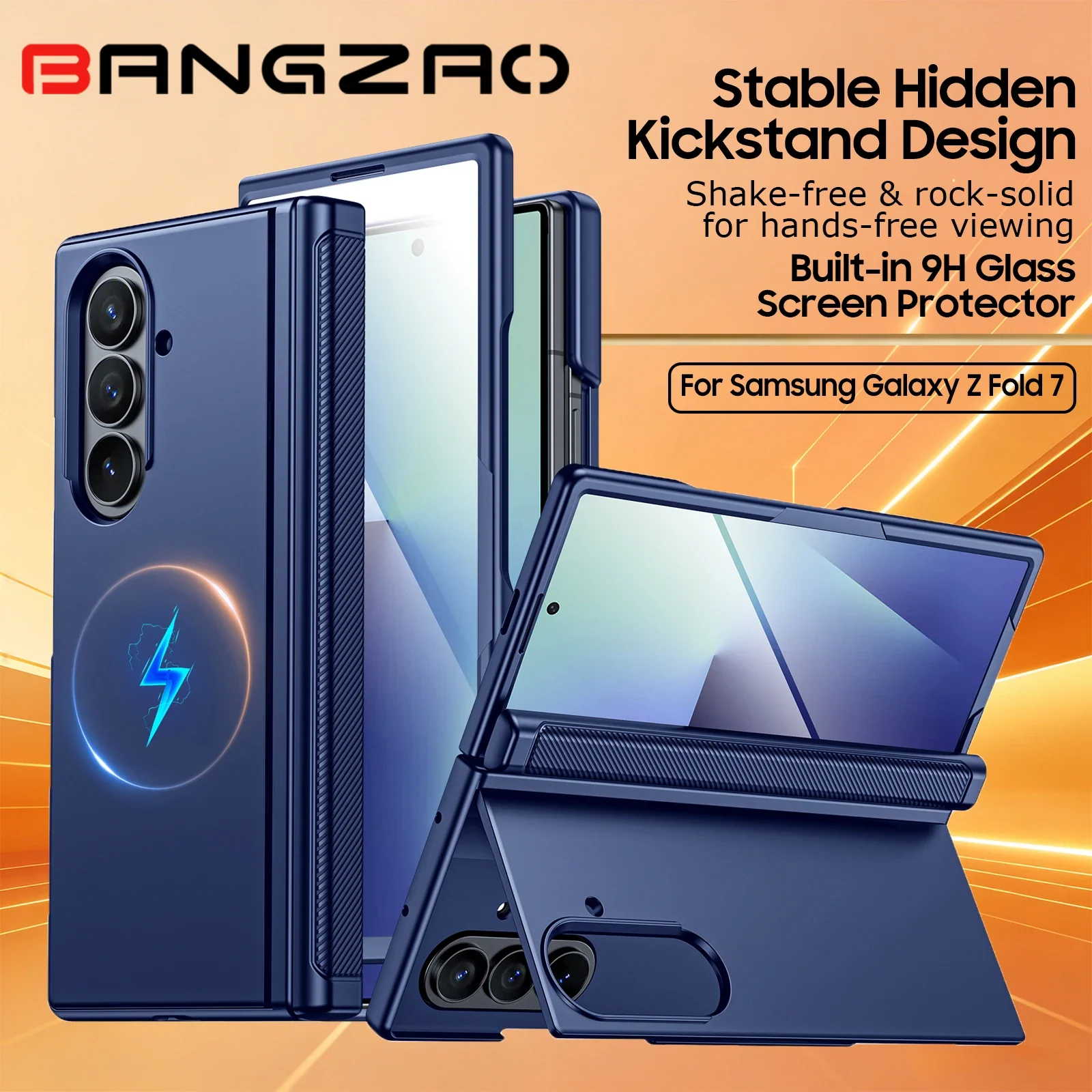 for Samsung Galaxy Z Fold 7 Magnetic Case with Hidden Kickstand, Built-in 9H Glass Screen Protector & Hinge Protection-Blue