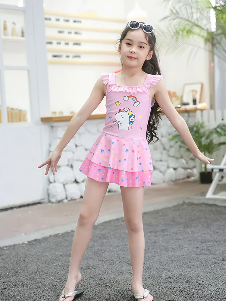 Cute Little Girl\'s Quick Drying Swimsuit 2023 Korean Version Pink Printed One Piece Swimsuit for Middle and Big Child Swimming