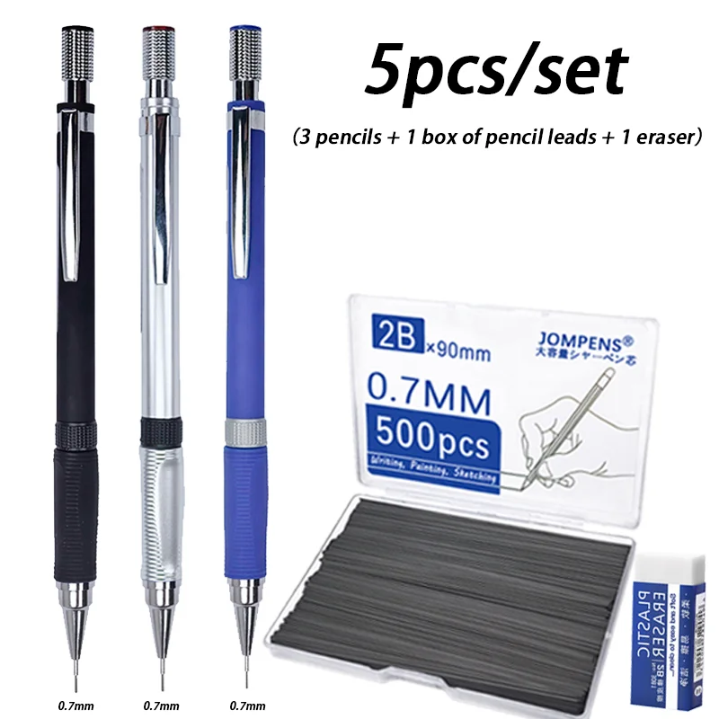 Automatische potloden van 0,5/0,7/2,0 mm, voorzien van grote HB- of 2B-stiftpatronen voor soepel schrijven, ideaal voor schetsen en tekenen op school.