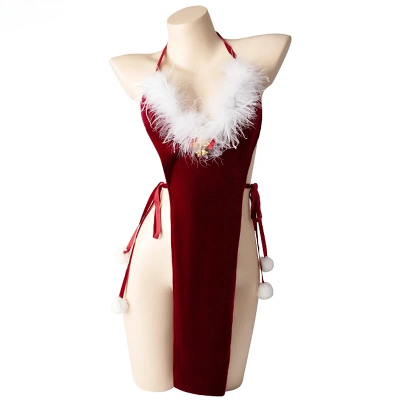 

Christmas V-neck Furry Velvet Red Dress Cosplay Costume Women Xmas Santa Claus Uniform Outfits New Year Nightdress Underwear