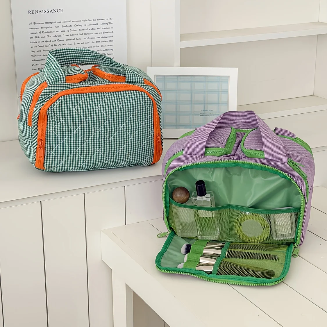 Vintage Plaid Quilted Makeup Portable Hand Held Toiletry Pouch Lightweight Cosmetic Storage Organizer Stylish Travel Accessory