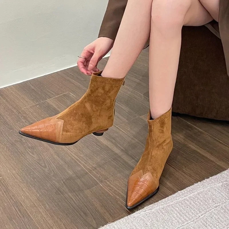 

Chelsea Ankle Boots 2023 Autumn Winter Women's Boots Pointed Strange Heels for Women Suede PU Splic Ladies Shoes Botas De Mujer