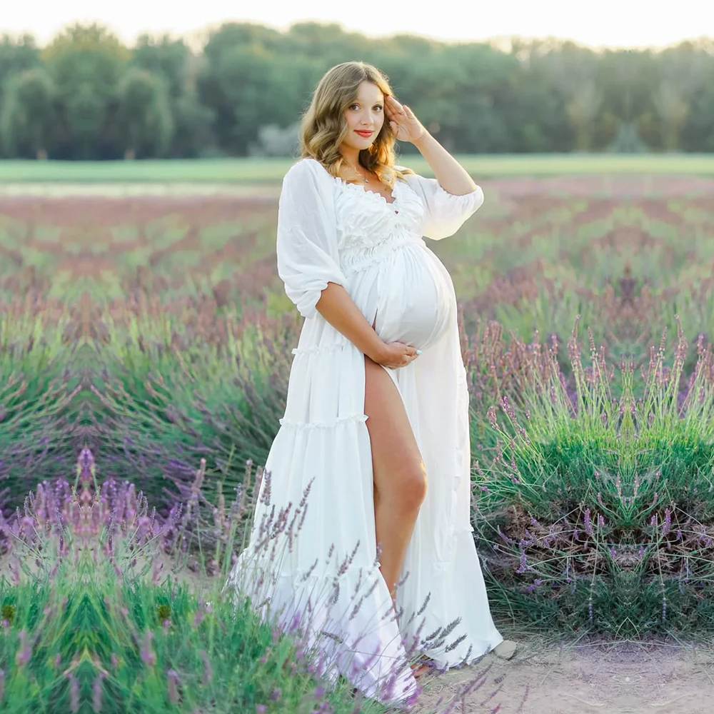 

V Neck Cotton Maternity Photoshoot Dresses for Photo Shoot Side Slit Custom Color Photography Dresses for Baby Shower YW230322