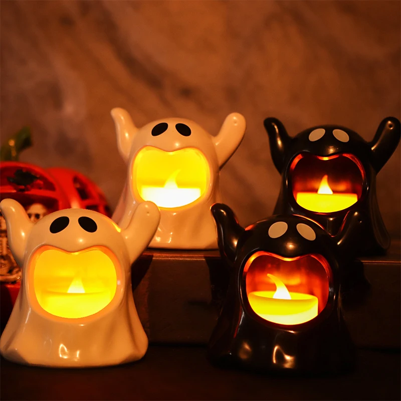 2Pcs Halloween Ghost Night Lights Flameless LED Candle Holder Lamp Battery Operated For Halloween Party Decoration