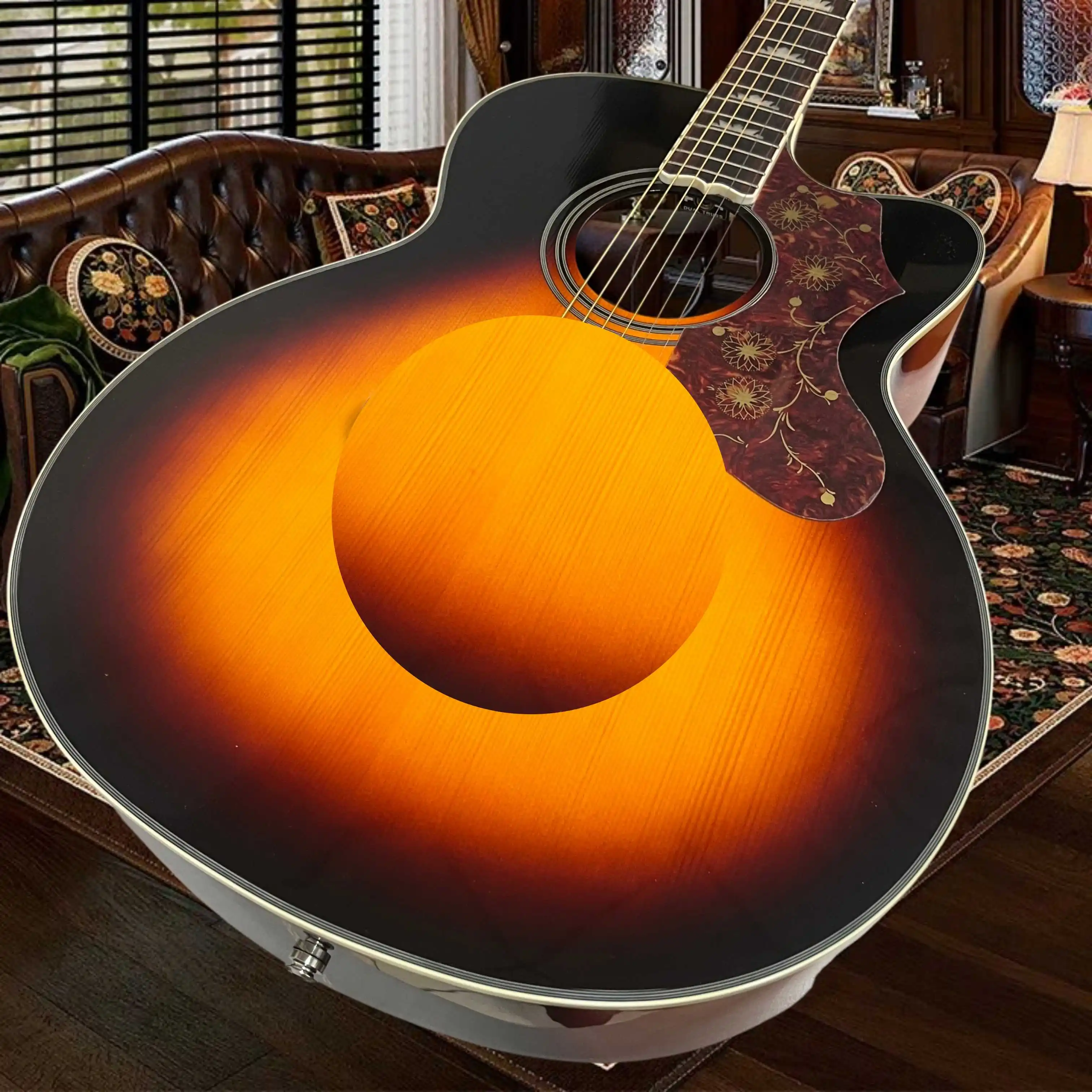 Sunburst Finish J200 Cutaway Design Mustache-style Bridge Snowflake Fretboard Inlays Vine-carved Pickguard Maple Back Sides